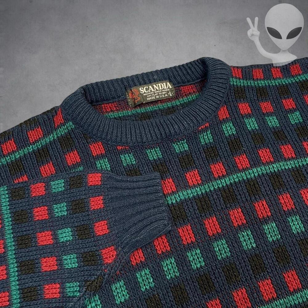 Scandia Knit Sweater Large Navy Blue Red Green Abstract Pattern Pullover 90s USA